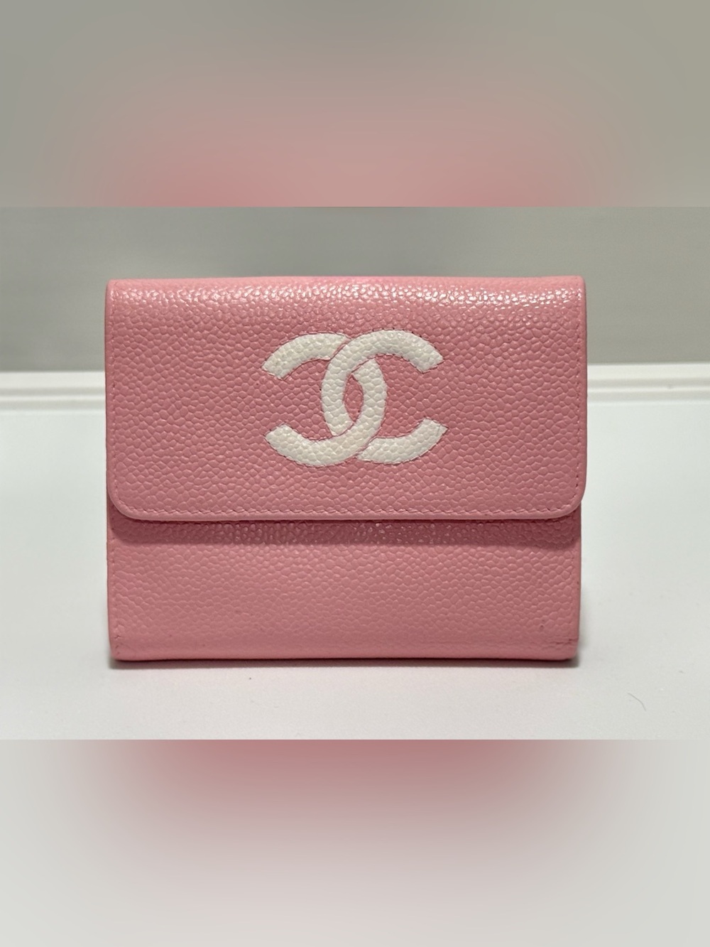 CHANEL Vintage Pink Caviar CC Compact Wallet Coin Purse Card Holder Auth